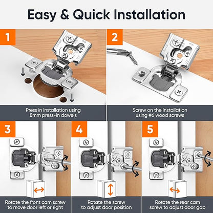 Decobasics 2 Pack Soft Close Cabinet Hinges – 1/2" Overlay for Kitchen Cabinet Doors, Face Frame Concealed Hidden Hinges – Stainless Steel, Self-Closing with 3-Way Adjustment & Slow Close Damper