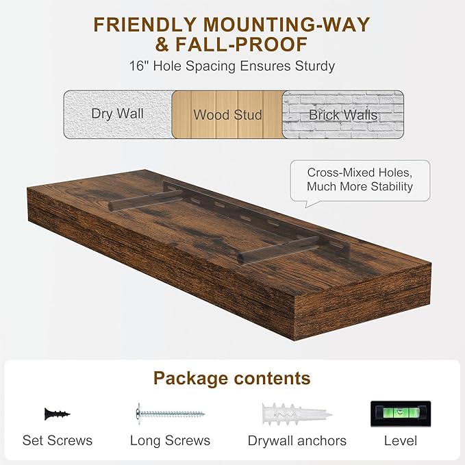 Fun Memories Floating Shelves for Wall, 36Inch Floating Shelves Set of 2, Hanging Shelf with Invisible Brackets, Bathroom Shelves for Living Room, Bedroom, Kitchen- Brown
