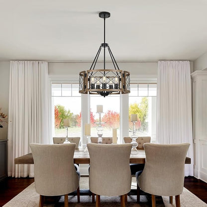 Sigaitwei 5-Light Farmhouse Chandelier Brown Rustic Chandelier for Dining Room Wood Texture Adjustable Pendant Light,Drum Chandelier for Kitchen Island Entryway Bedroom Hallway,18.9'',E26.