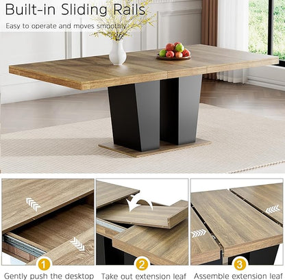 78.74" Extendable Dining Table for 6 8 10, Modern Farmhouse Expandable Kitchen Table with Dual Column Pedestal, Large Rectangle Wooden Expanding Table for Kitchen Dining Conference Room, Brown & Black