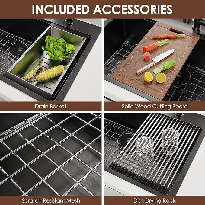 33x22 Inch Kitchen Sink Black Drop In Stainless Steel Kitchen Sinks 16 Gauge Single Bowl Workstation Luxury Top Mount Sink with 6 Accessories Include Glass Rinser (Black)