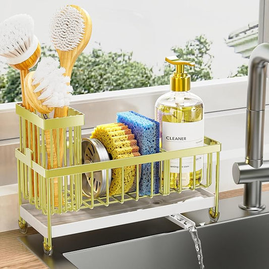 Cisily Sponge Holder for Kitchen Sink, Sink Caddy Organizer with High Brush Holder, Kitchen Countertop Organizers and Storage Essentials, Rustproof 304 Stainless Steel (Gold, 9.25″)