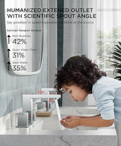 QFN Lead-Free Chrome Bathroom Faucet 3 Hole, Square Bathroom Sink Faucet 8 Inch Widespread, 2 Handle for 6"-12" Vanity Sink with Metal Pop Up Drain and 24" cUPC Supply Hoses