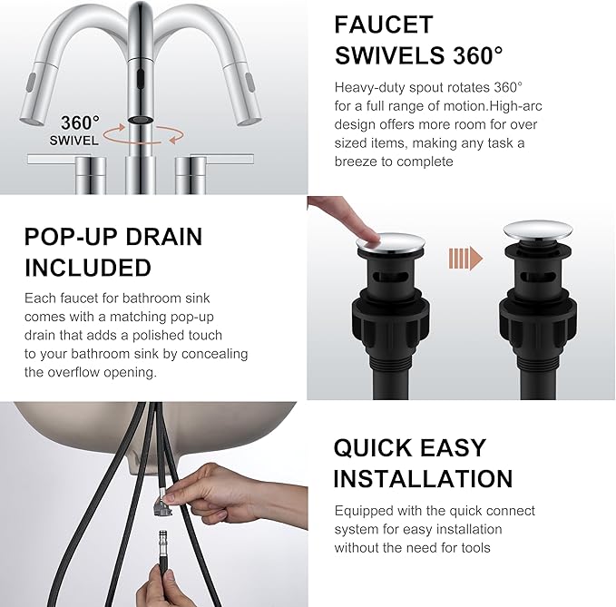 KENES Chrome Centerset Bathroom Faucet with Pull Down Sprayer, 4 Inch 2 Handle Pull Out Bathroom Faucet 3 Hole, Bathroom Sink Faucet with Pop Up Drain & Supply Lines LJ-9069-5