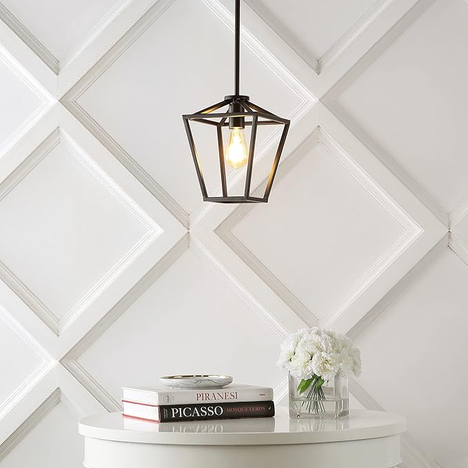 JONATHAN Y 7.88" Oil Rubbed Bronze 1-Light Industrial Farmhouse Iron LED Pendant Light, Adjustable Cage Lantern for Kitchen Island, Dining Room, Foyer, Iron Shade JYL7580A