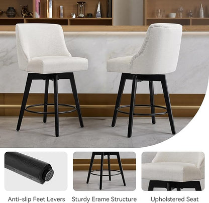 Counter Height Bar Stools Set of 6, Swivel Barstools with Backs and Wood Legs, Linen Fabric Upholstered Counter Stools for Kitchend Island, Mid-Century Modern 26" Seat Height Bar Chairs, Cream