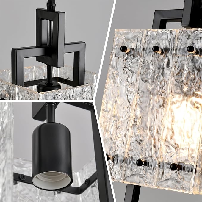 Modern Pendant Lights Kitchen Island 2 Pack Matte Black Pendant Lights Water Ripple Glass Square Pendant Lighting Over Island Hanging Pendant Light Fixtures for Kitchen Dining Room Hallway Foyer