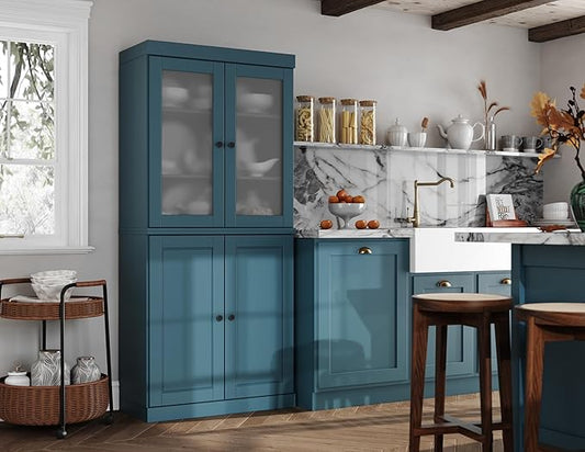 Palace Imports 100% Solid Wood Kitchen Pantry w/ 2 Frosted Glass & Bottom Wooden Storage Cabinet, Teal Blue, 32" w x 71.5" h, Renewable Eco-Friendly Wood, Made in Brazil