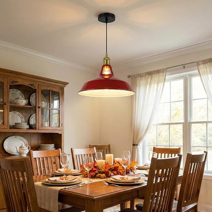 Red Industrial Farmhouse Pendant Light 1m Adjustable Cord, Vintage Barn Metal Hanging Lamp Fixture, Rustic Retro Ceiling Lighting for Kitchen Island Dining Bedroom Living Room (Red)