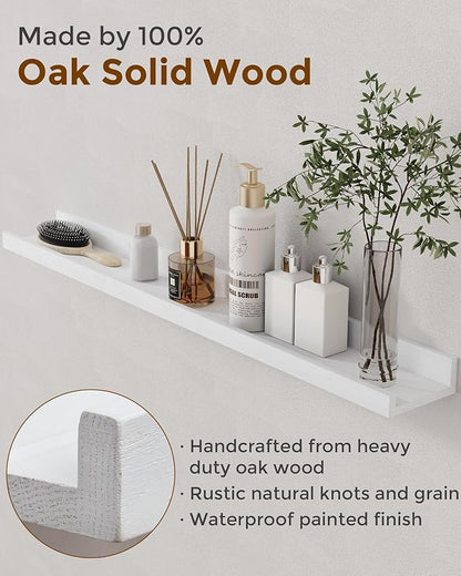 Axeman Oak Picture Ledge Shelf, 48 Inch Floating Shelves Set of 2, Solid Oak Wood Wall Shelves with Lip, Wall Decor Storage for Bedroom Living Room Bathroom Kitchen Nursery Photo Picture, White