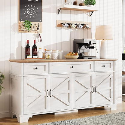 BestHaped 65 Inch Farmhouse Buffet Cabinet with Storage, White Sideboard Buffet Cabinet with Adjustable Shelves & 3 Drawers, Buffet Table Coffee Bar Wine Bar Storage for Kitchen & Living Room