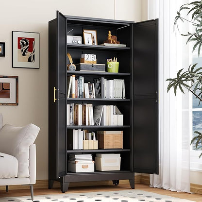PAOFIN Kitchen Pantry Storage Cabinet with Doors and Adjustable Shelves, Metal ClosetMaid Food Pantry Cabinets, 75" Tall Freestanding Cupboard for Kitchen, Laundry or Utility Room, Black