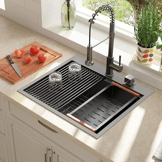 25 Black Kitchen Sink Drop In - LORDEAR 25x22 Inch Kitchen Sink Workstation Gunmetal Black 16 Gauge 304 Stainless Steel Topmount Overcounter Kitchen Laundry Utility Room Sink Basin