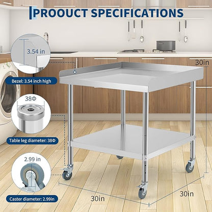 Garvee Stainless Steel Table,Heavy-Duty Prep Table with Non-Removable Backsplash,Versatile Commercial Worktable with 4 Wheels for Kitchens&Restaurants,30 * 30 * 30Inch (30 * 30 * 30inch)