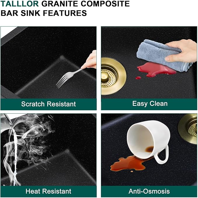18 Undermount Bar Sink Workstation - 18"x18" Matte Black Granite Composite Quartz Classic Single Bowl Under Counter Small Prep Rv Kitchen Sink #TLGU-130