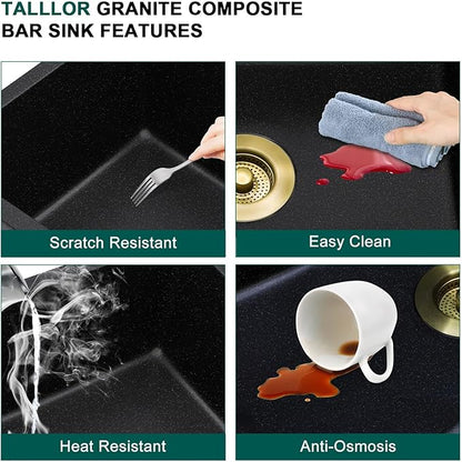 18 Undermount Bar Sink Workstation - 18"x18" Matte Black Granite Composite Quartz Classic Single Bowl Under Counter Small Prep Rv Kitchen Sink #TLGU-130
