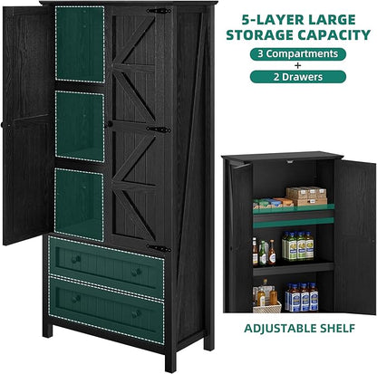 YITAHOME Farmhouse Kitchen Pantry Cabinet, 64.5" Tall Storage Cabinet with 2 Drawers & Adjustable Shelves, Ideal for Kitchen, Living Room, or Entryway, Oak Black
