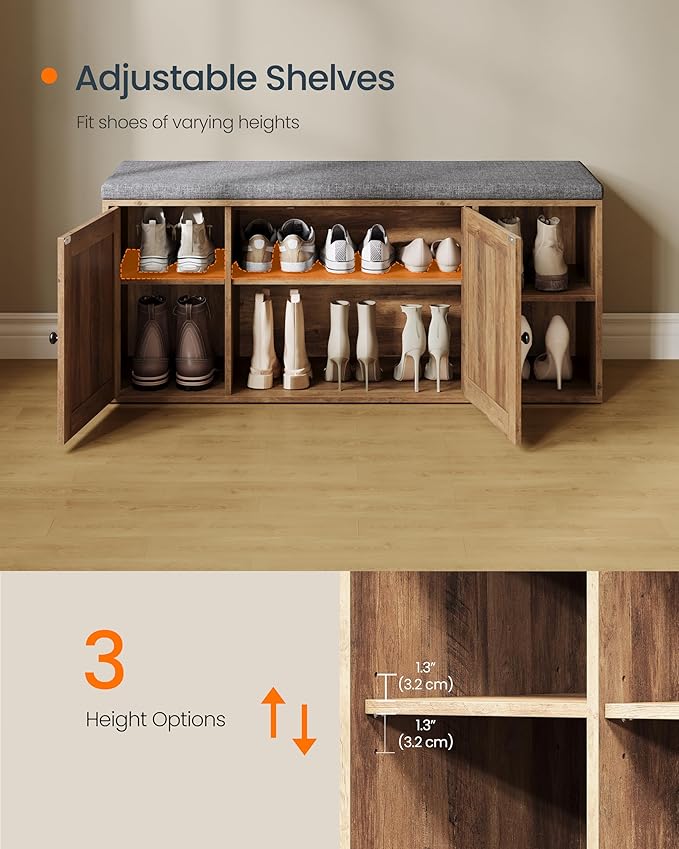 SONGMICS Home Shoe Storage Bench, Superfast Toolless Assembly, Shoe Rack Cabinet with Door & Adjustable Shelf for Entryway/Living Room, 14 x 40.2 x 17.3 Inches, Honey Brown and Slate Gray