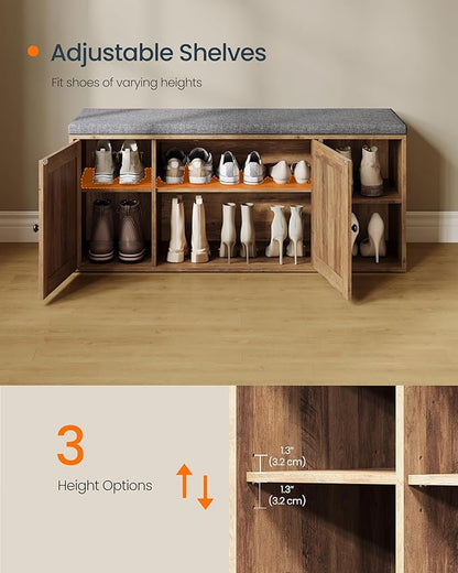 SONGMICS Home Shoe Storage Bench, Superfast Toolless Assembly, Shoe Rack Cabinet with Door & Adjustable Shelf for Entryway/Living Room, 14 x 40.2 x 17.3 Inches, Honey Brown and Slate Gray