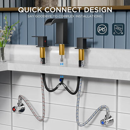 QFN Matte Black Bathroom Sink Faucet 3 Hole, 8 Inch Widespread Square Bathroom Faucet with Metal Pop-up Drain and 24" CUPC Supply Line, Lead-Free 2 Handles for Vanity, Restroom, Lavatory and Mall