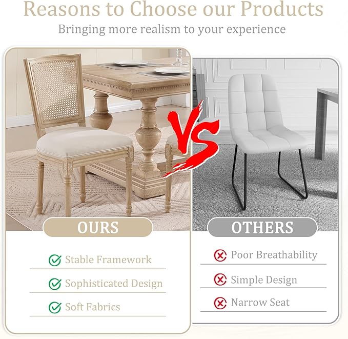 Farmhouse Vintage Dining Chairs Set of 2, Linen Fabric Dining Chairs with Square Rattan Backrest, Kitchen & Dining Room Chairs for Restaurant/Living Room (Beige-Rattan, Set of 2)