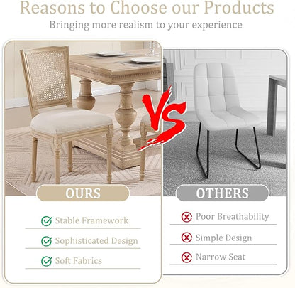 Farmhouse Vintage Dining Chairs Set of 2, Linen Fabric Dining Chairs with Square Rattan Backrest, Kitchen & Dining Room Chairs for Restaurant/Living Room (Beige-Rattan, Set of 2)