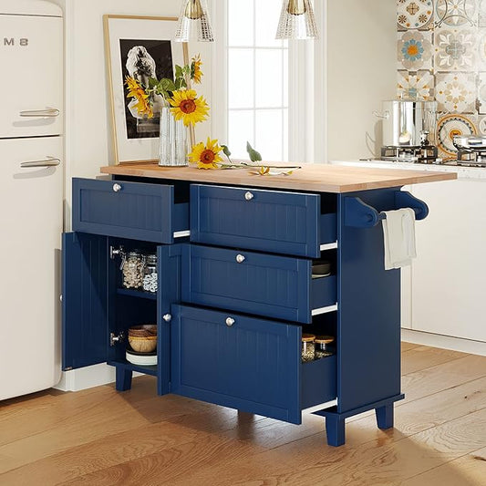 Farmhouse Rustic Dining Table Set with Drop Leaf and 2 Stools,Kitchen Island Set with 4 Drawers,Towel Rack and Storage Cabinet,for Small Places Furniture (Blue+Black+Brown#F)