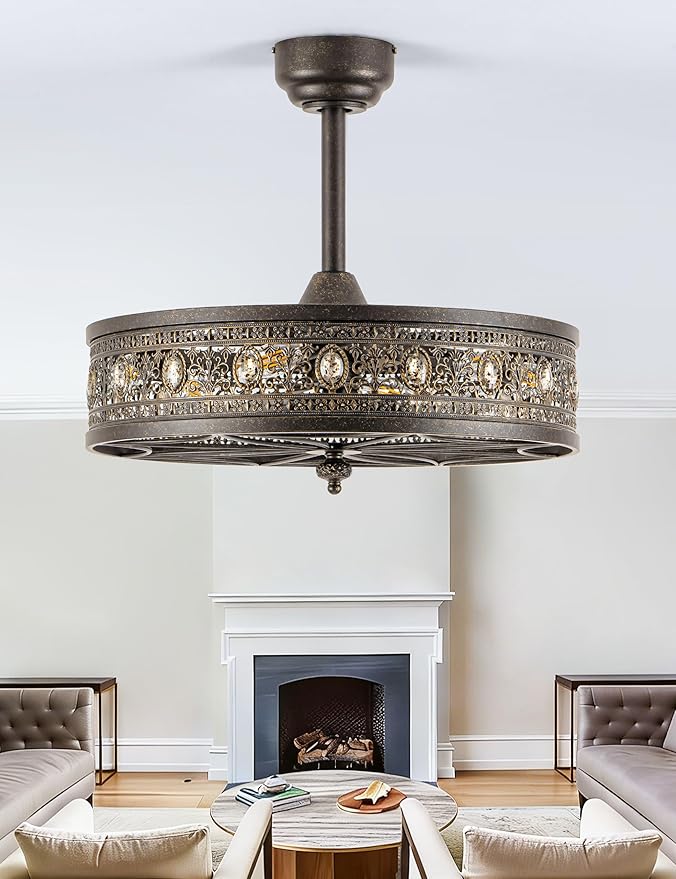 Vintage Chandelier Ceiling Fan with Light,Caged Bladeless Enclosed Fandelier,Antique Bronze Victorian Baroque Elegant Crystal Light Fixture,Hanging/Flush Mount for Bedroom,Dining Room,Living Room