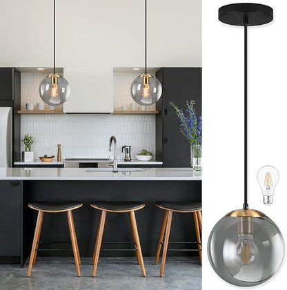 KoKo&Yukina 8 Inch Gold Pendant Light Globe Pendant Lights Kitchen Island Mid Century Light Fixture with Grey Glass Shade Adjustable Globe Cluster Lights for Dining Room Living Room