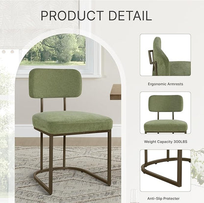 KISLOT Dining Chairs Set of 2, Upholstered Modern Kitchen Chairs with Ergonomic Backrest, Fabric Cushion & Wire Drawing Curve Metal Legs for Living Room, Restaurant, and Café, Green