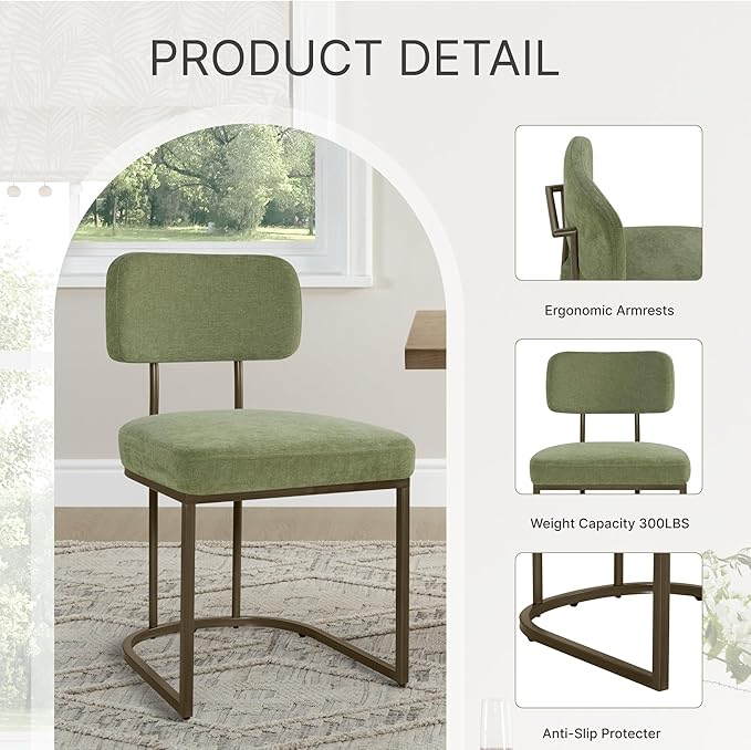 KISLOT Dining Chairs Set of 6, Upholstered Modern Kitchen Chairs with Ergonomic Backrest, Fabric Cushion Seat & Wire Drawing Metal Legs for Living Room, Restaurant, and Café, Olive, 2Boxs