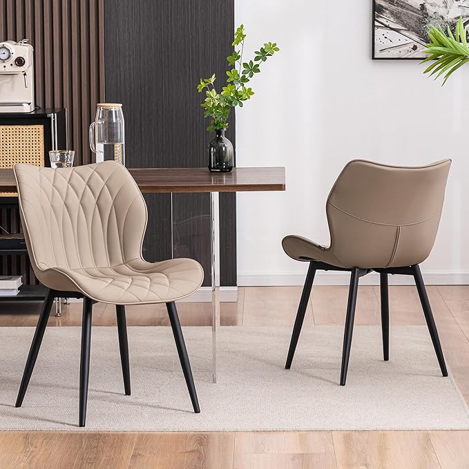 Kidol & Shellder Dining Chairs Set of 2, PU Leather Upholstered Kitchen Chairs with Back Armless, Mid Century Modern Side Chair for Dining Room, Living Room, Lounge, Restaurant, Khaki