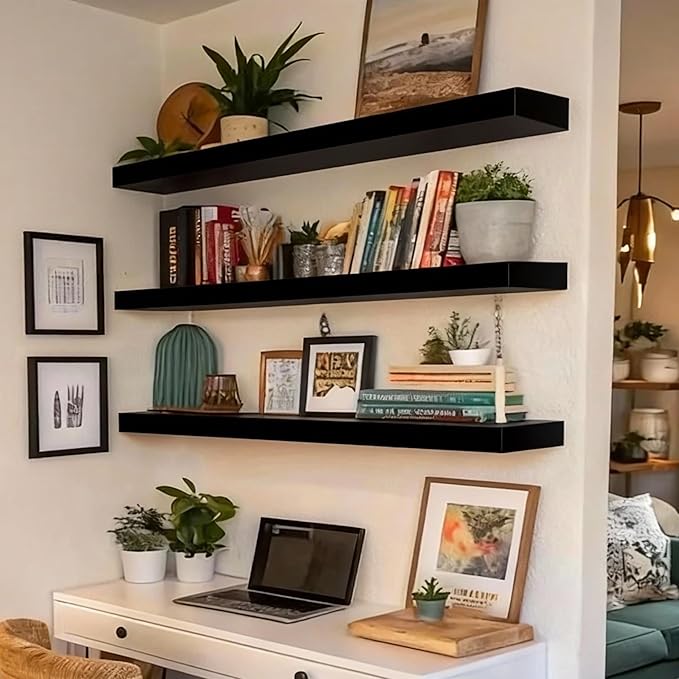 ROGMARS Black Floating Shelves for Wall,36 inch Rustic Wooden Floating Wall Mounted Book Shelves with Invisible Brackets for Living Room, Bedroom, Kitchen, Bathroom,Set of 3