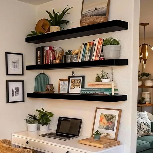 ROGMARS Black Floating Shelves for Wall,36 inch Rustic Wooden Floating Wall Mounted Book Shelves with Invisible Brackets for Living Room, Bedroom, Kitchen, Bathroom,Set of 3