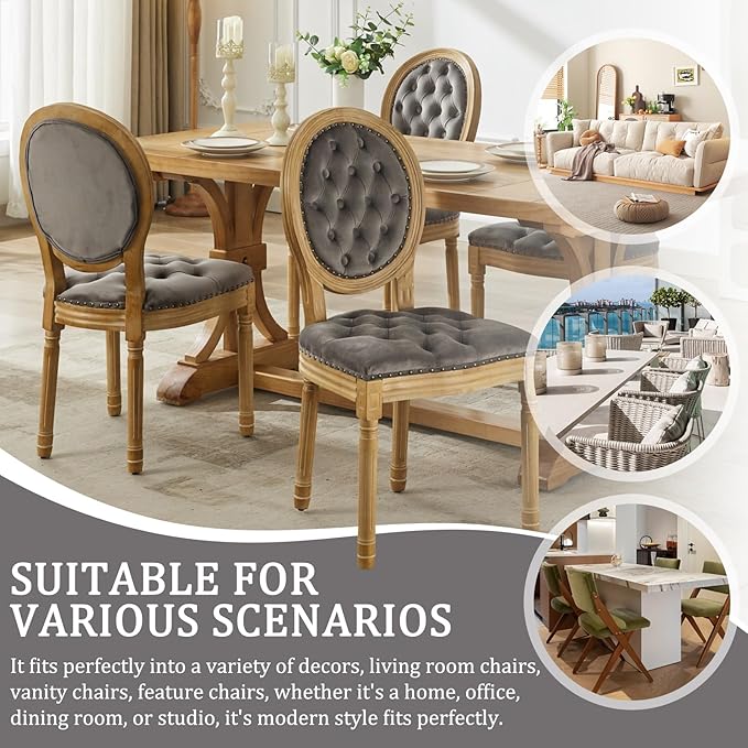 Velvet Dining Chairs Set of 6, Vintage Wooden Dining Chair with Solid Wood Legs, Upholstered Farmhouse Kitchen Chair for Living Room, Restaurant, Bedroom (Gray, Set of 6)