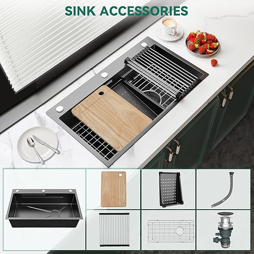 YITAHOME Drop In Kitchen Sink Workstation 30 Inch, Top mount Stainless Steel Nano Gunmetal Black Sink w/Cutting Board& Strainer, Handmade Single Bowl Sink with Accessories 30 x 18 x 10in