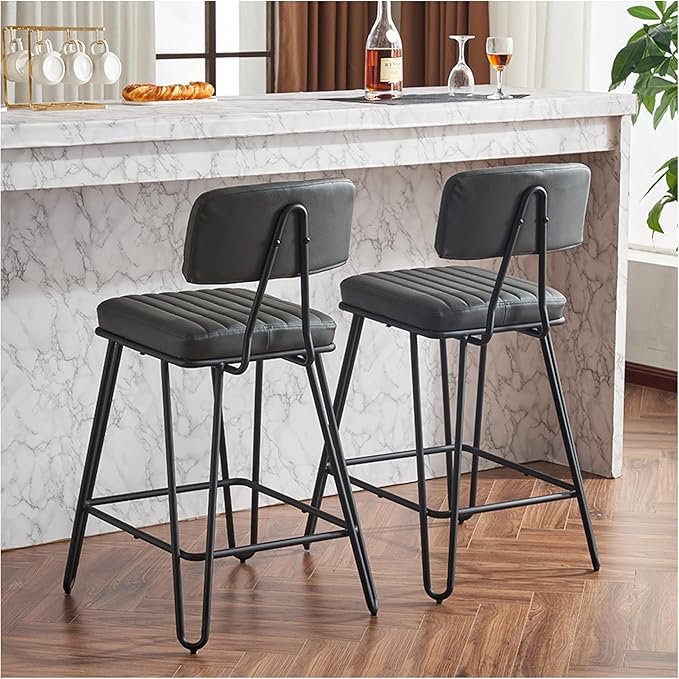 Industrial Bar Stools Set of 2, Counter Height Chairs - PU Leather & Metal Frame, Vintage Style for Kitchen Island, Dining Room, Grey