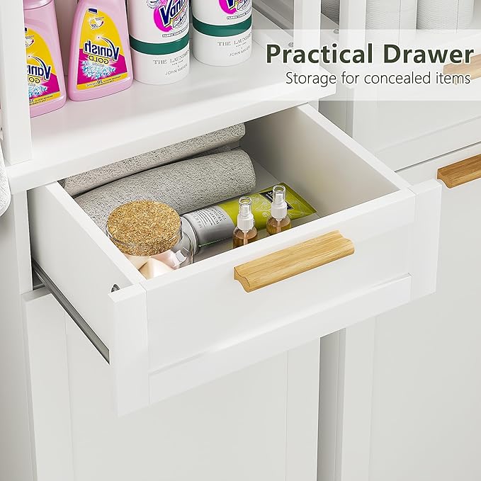 VECELO Bathroom Cabinet with Removable Basket, Tall Tilt Out Laundry Hamper with 2-Tier Open Shelves, 1 Drawer and 3 Side Hooks for Storage, White
