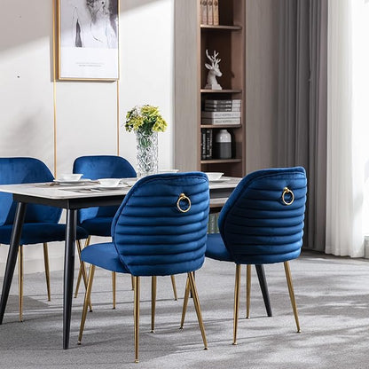 Modern Velvet Dining Chairs Set of 2, Woven Accent Kitchen Chairs with 4 Sturdy Golden Metal Legs, Luxurious Armless Side Chair with Ring for Indoor, Kitchen Island , Dining Room, Living Room (Blue)