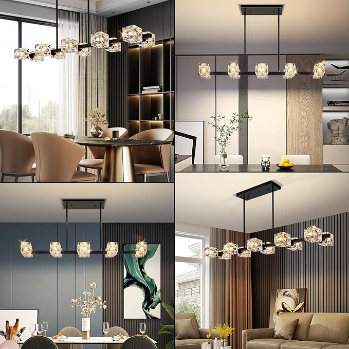 GoBright 10-Light Dining Room Light Fixture, Black Modern Chandelier with Crystal Cube Shade, Industrial Pendant Light Fixtures for Living Room, Bedroom, Kitchen, Bar, Long Table, G9 Base
