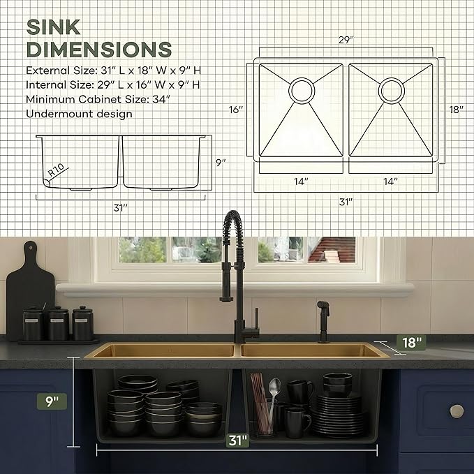LQS Gold Kitchen Sink 31 Inch, Gold Double Kitchen Sink, Undermount Stainless Steel Sink 16 Gauge Top Grade, R10 Round Corner, X-Shaped Drain Line and Equipped with Roll-Up Dish Rack for Drying