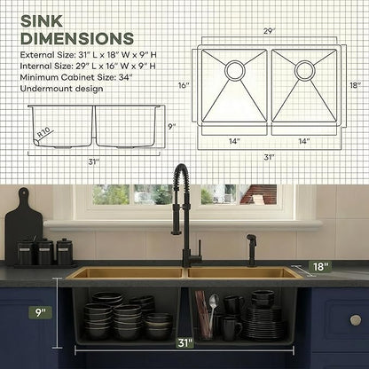 LQS Gold Kitchen Sink 31 Inch, Gold Double Kitchen Sink, Undermount Stainless Steel Sink 16 Gauge Top Grade, R10 Round Corner, X-Shaped Drain Line and Equipped with Roll-Up Dish Rack for Drying