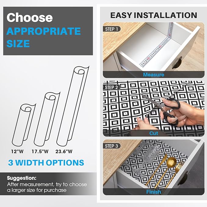 Coavas Shelf and Drawer Liner, Non Slip Extra Grip Non Adhesive Waterproof Thickened Cabinet Mat, Easy Cut for Kitchen Pantry Bathroom Dresser Cupboard (Black Rhombic, 12IN x 10FT)