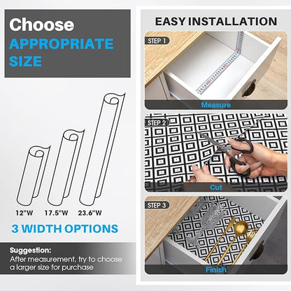 Coavas Shelf and Drawer Liner, Non Slip Extra Grip Non Adhesive Waterproof Thickened Cabinet Mat, Easy Cut for Kitchen Pantry Bathroom Dresser Cupboard (Black Rhombic, 12IN x 10FT)
