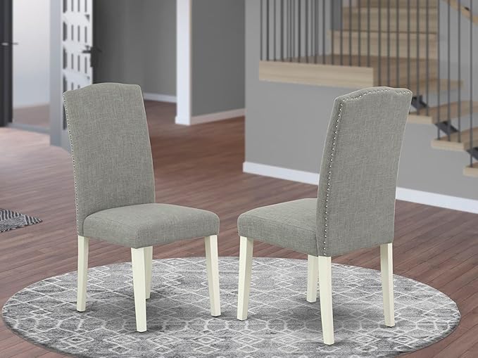 East West Furniture ENP2T06 Encinal Parson Dining Chairs - Nailhead Trim Dark Shitake Linen Fabric Padded Chairs, Set of 2, Linen White