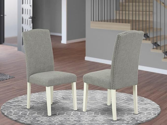 East West Furniture ENP2T06 Encinal Parson Dining Chairs - Nailhead Trim Dark Shitake Linen Fabric Padded Chairs, Set of 2, Linen White