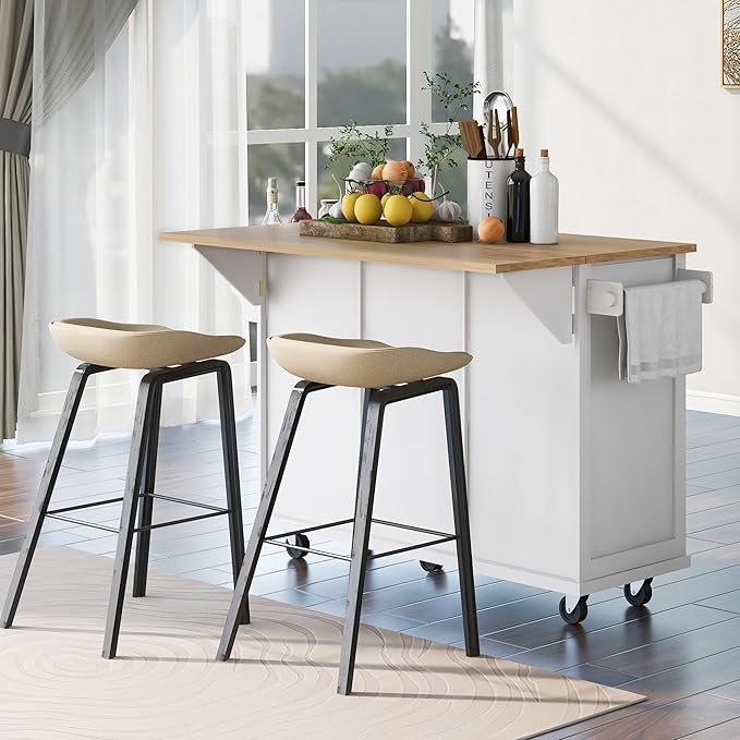 Merax Kitchen Island on Wheels with Storage Drawers and Cabinets, Rolling Kitchen Cart with Drop Leaf, Wood Portable Island with Internal Storage Racks for Dinning Room, White