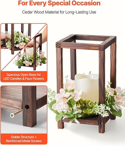 VEVOR 20 Set/60 Pcs Wooden Wedding Lantern Centerpiece, Includes 20 Wooden Lantern Candle Holder 20 Flameless LED Candle 20 Champagne Flower Wreath for Wedding Table Party Farmhouse Decor, Brown
