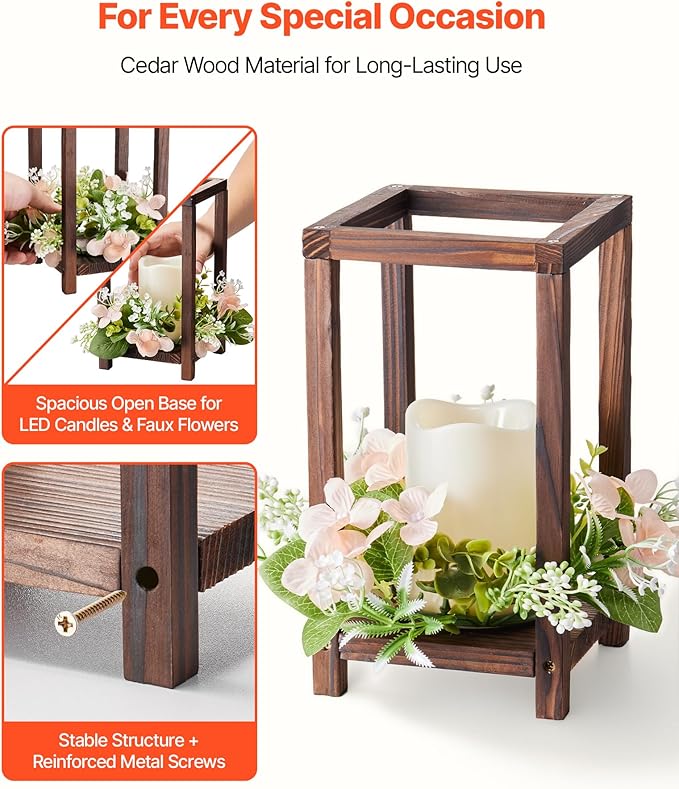 VEVOR 10 Set/30 Pcs Wooden Wedding Lantern Centerpiece, Includes 10 Wooden Lantern Candle Holder 10 Flameless LED Candle 10 Champagne Flower Wreath for Wedding Table Party Farmhouse Decor, Brown