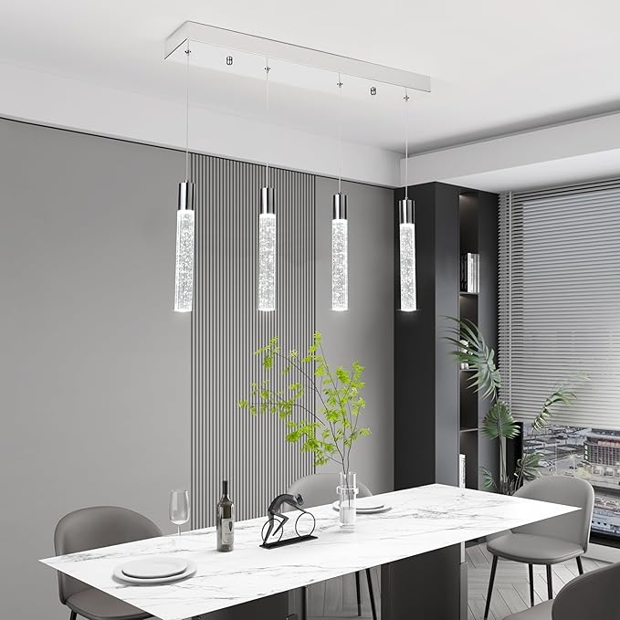 4 Light Pendant Lights Kitchen Island, Modern Chrome Crystal Pendants with Dimmable 3000K-6000K LED Ceiling Hanging Light Fixture for Dining Room Bedroom, Adjustable Height 59"